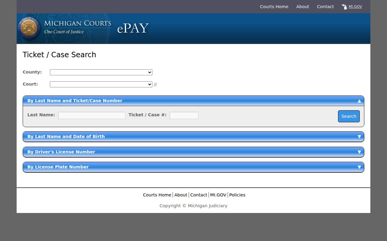 Wayne County case search route through the eTix ticket-search fields