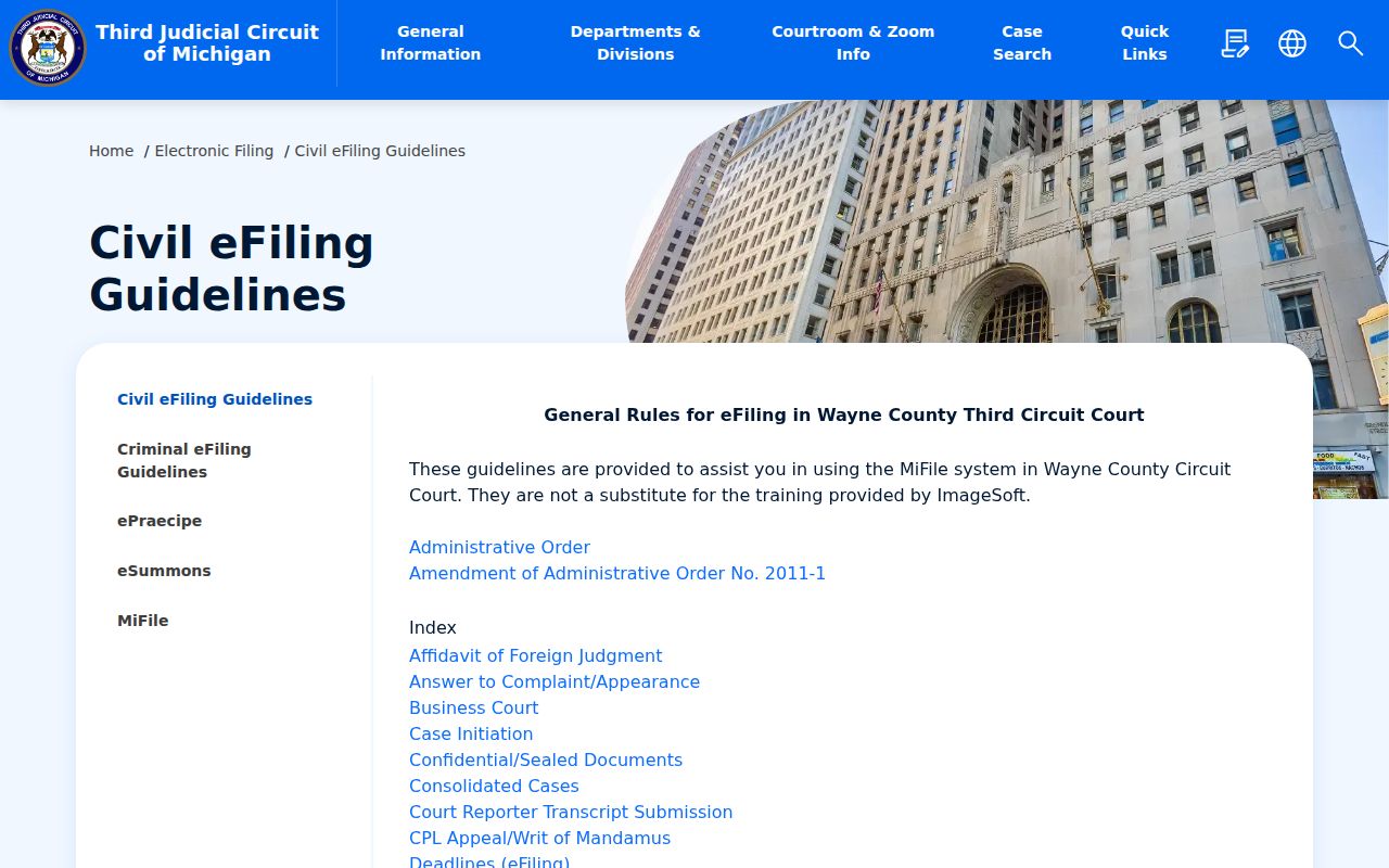 Wayne County civil court dockets and Third Circuit civil e-filing guidance