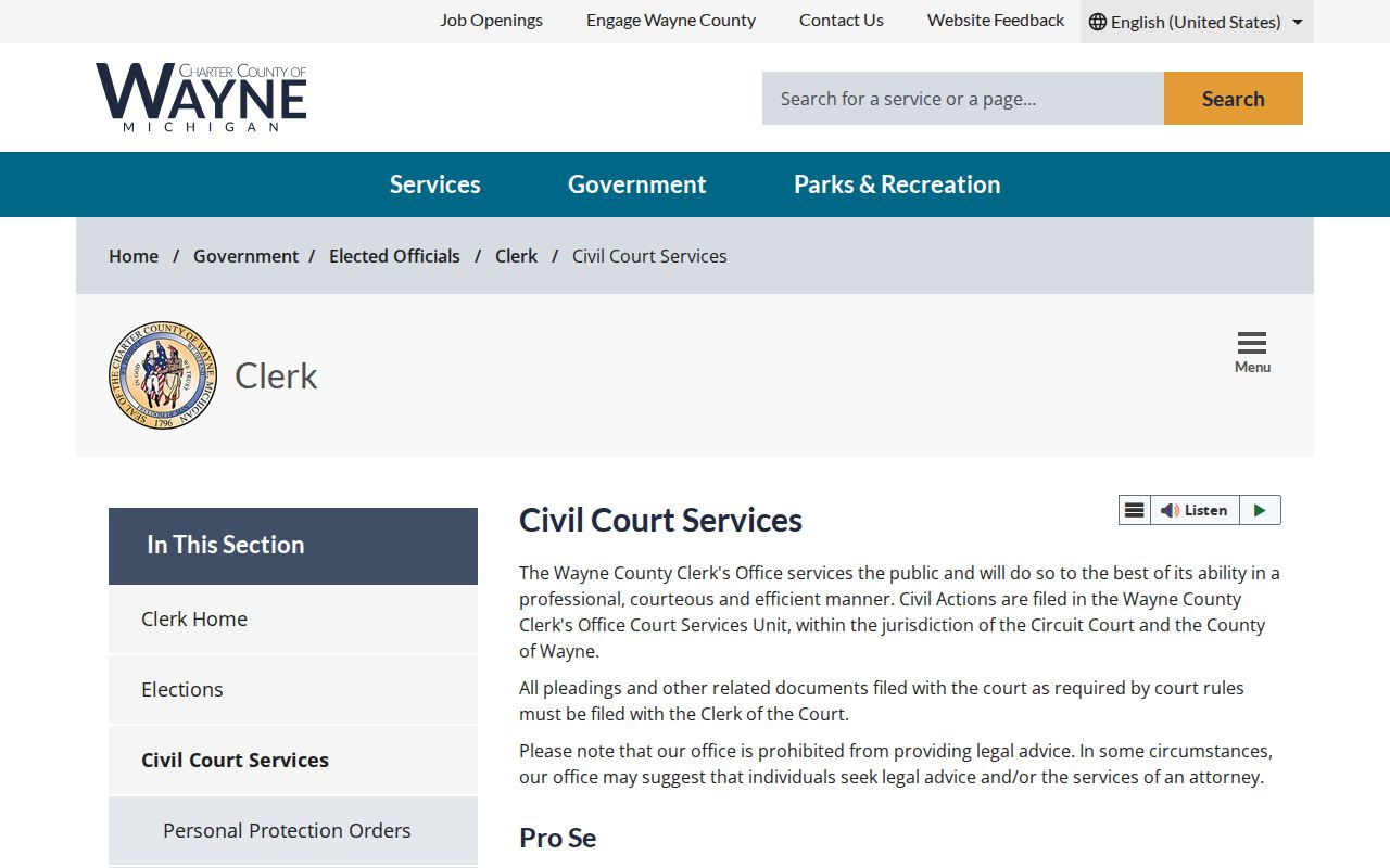 Wayne County civil court dockets and Civil Court Services filing-fee information