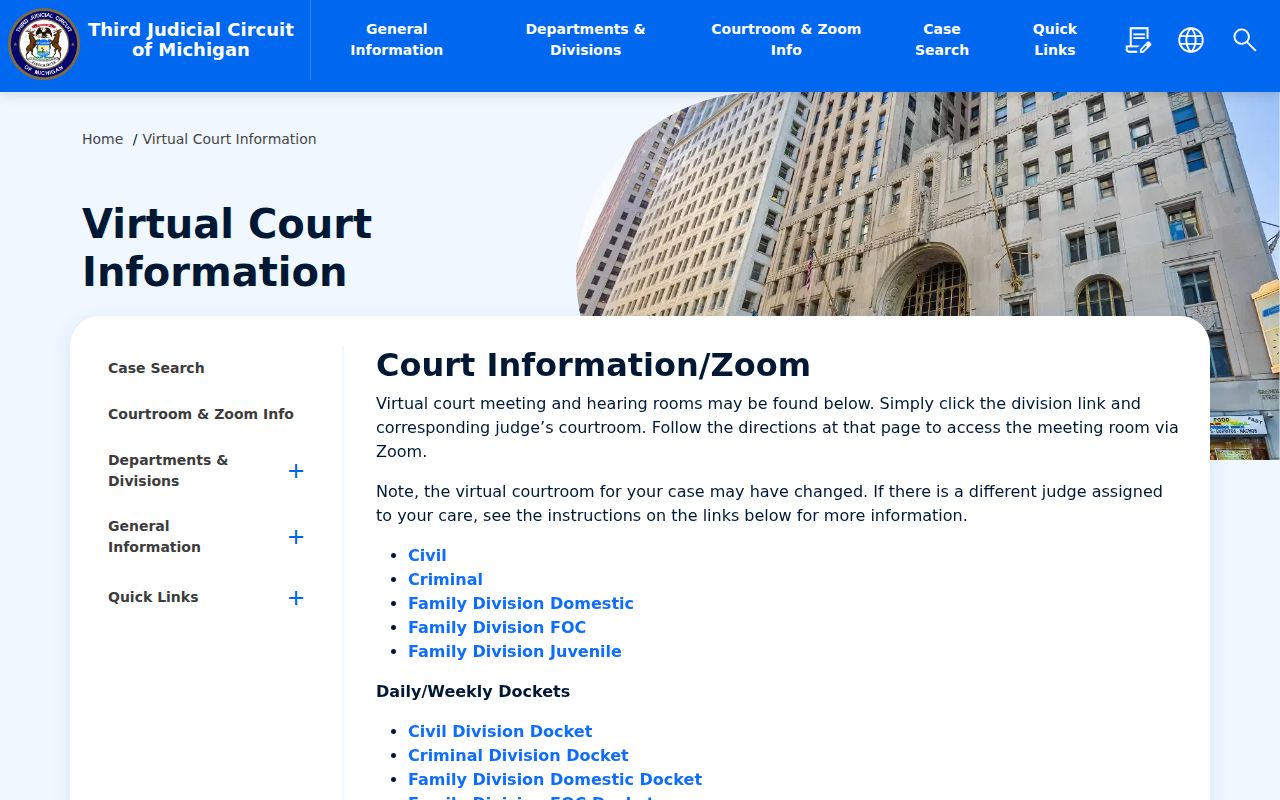 Wayne County court schedule through the Third Circuit virtual court calendar hub