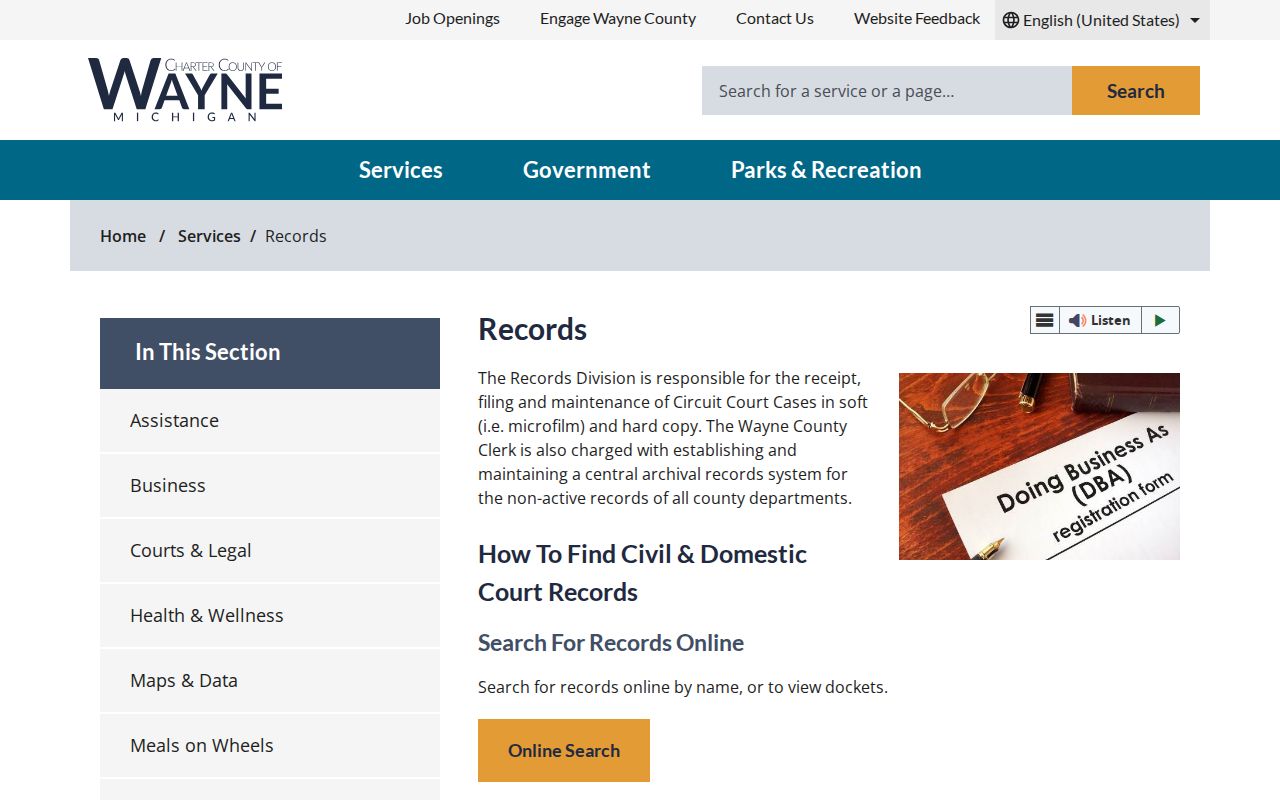 Wayne County court records access through the Clerk Records Division