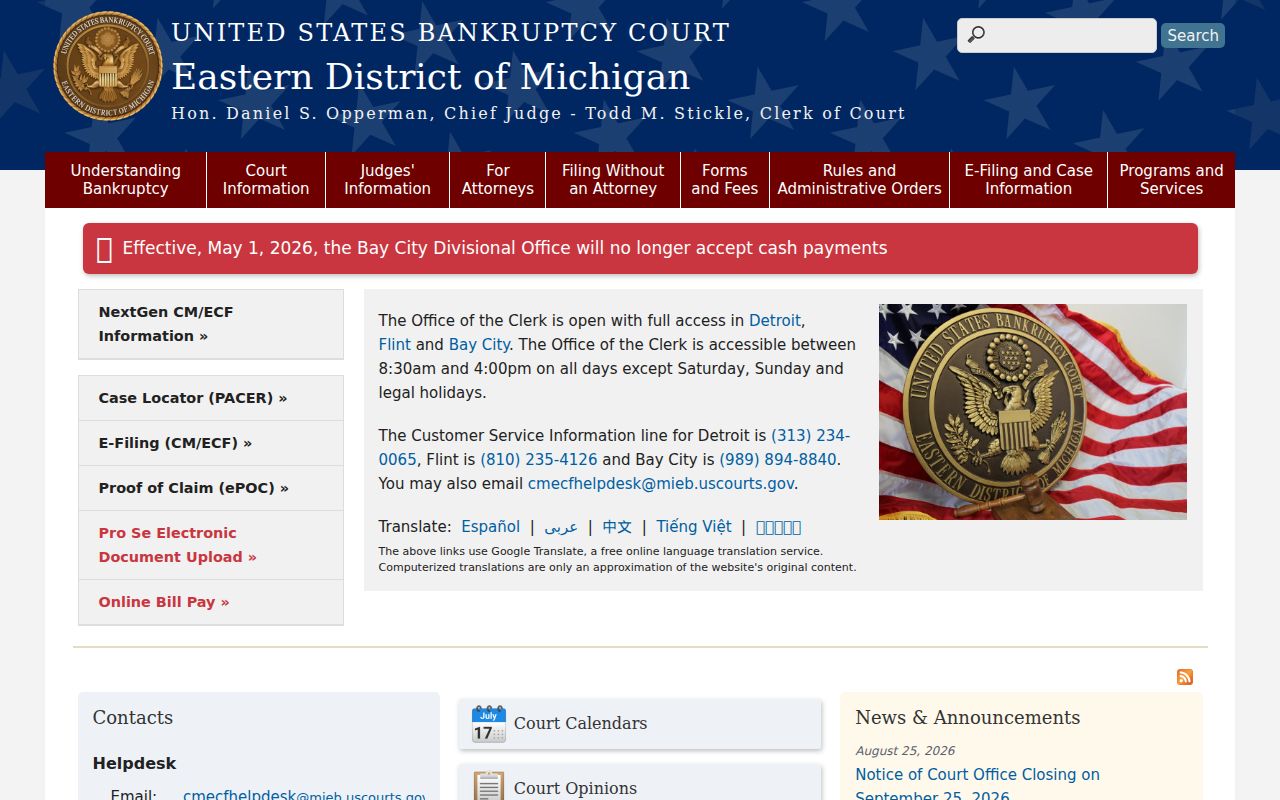Detroit court docket and court record access for a bankruptcy court office