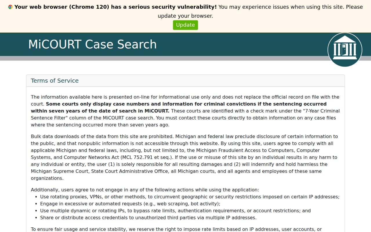 Wayne County court docket MiCOURT Case Search public portal