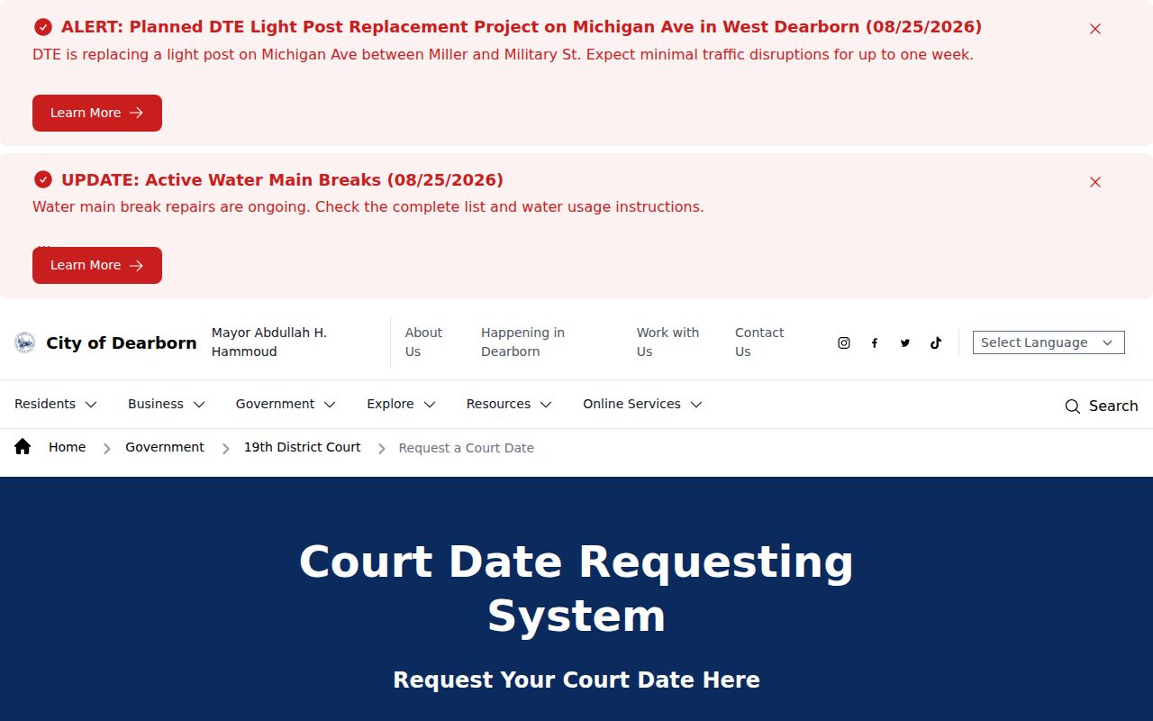 Wayne County traffic court date booking for a Dearborn C I ticket